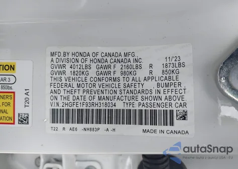 2024 Honda Civic Touring z USA, uszkodzony, nr VIN 2HGFE1F93RH318034